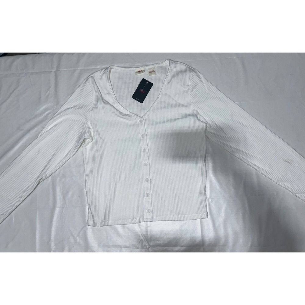 Levis Womens‎ Slim Fit Ribbed Cardigan White V-Neck Button Front Top Size M NWT